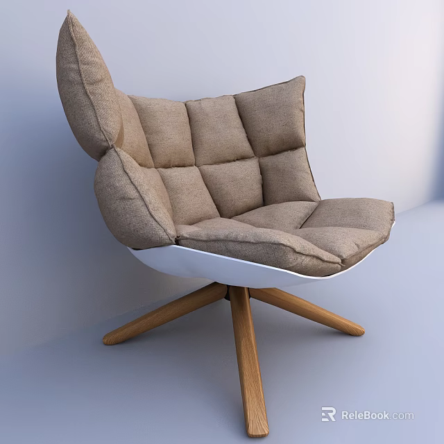Beige Tufted Fabric Lounge Chair With White Base And Wooden Star Shaped Legs 3d model 