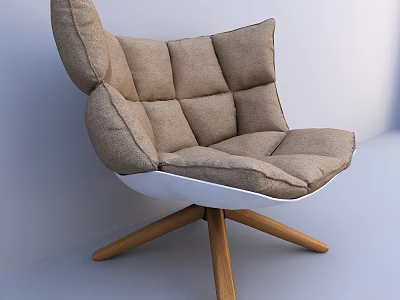Beige Tufted Fabric Lounge Chair With White Base And Wooden Star Shaped Legs 3d model