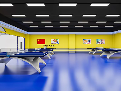 Table Tennis Fitness Room With Blue Floor Yellow Walls Chinese Flag And Ping Pong Tables 3d model