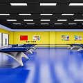 Table Tennis Fitness Room With Blue Floor Yellow Walls Chinese Flag And Ping Pong Tables