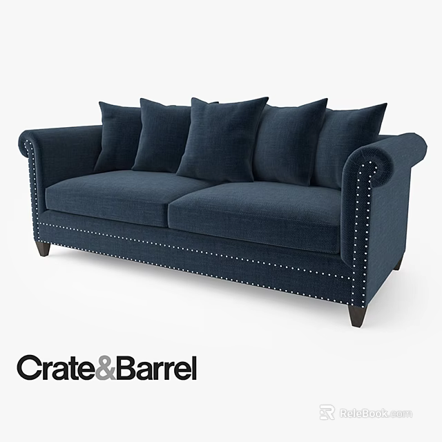 Crate Barrel Navy Blue Two Seater Sofa With Rolled Arms Nailhead Trim And Dark Legs 3d model 