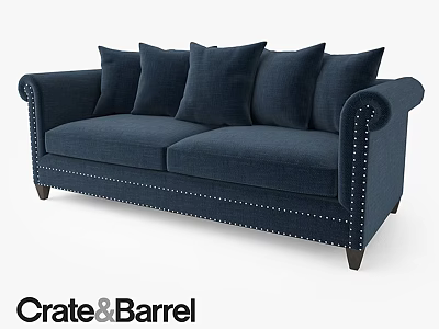 Crate Barrel Navy Blue Two Seater Sofa With Rolled Arms Nailhead Trim And Dark Legs 3d model