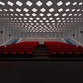 Modern Cinema Interior Featuring Red Seats Blue Staircase Ceiling Lights Gray Walls And Dark Carpet
