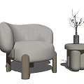 Modern Single Sofa with Round Design Beige Fabric Wooden Legs and Side Table Vase