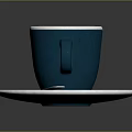 Blue Ceramic Coffee Cup With Milk Foam White Rim On Saucer And Silver Spoon