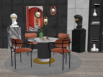 Modern Dining Table Set With Round Top Orange Chairs Gold Base And Art Decorations 3d model