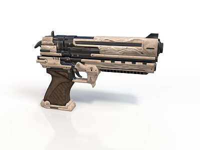 Futuristic Style Pistol Science Fiction Firearms Weapon Wave Texture Metal Rivet Dark Brown Grip Barrel Trigger Hammer Reflection Background Digital Asset 3d model