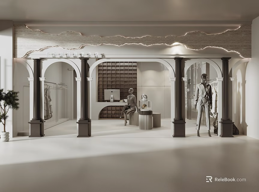 Modern Open Clothing Store Interior With Arched Doors Mannequins And Display Counter 3d model 