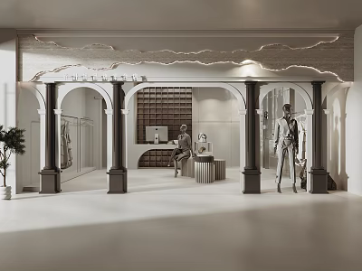 Modern Open Clothing Store Interior With Arched Doors Mannequins And Display Counter 3d model