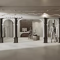 Modern Open Clothing Store Interior With Arched Doors Mannequins And Display Counter