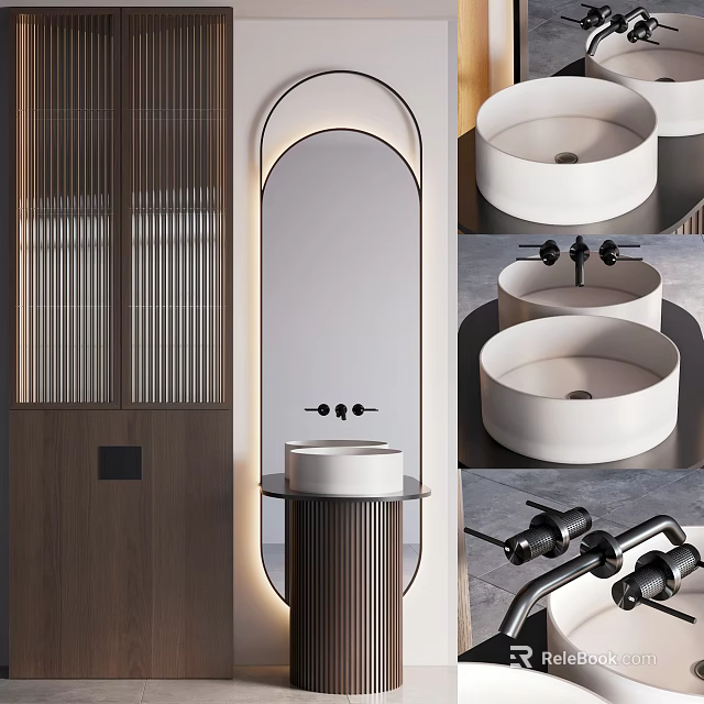 Minimalist Modern Bathroom Vanity Design With Arched Mirror Wooden Panels And Black Faucet 3d model 