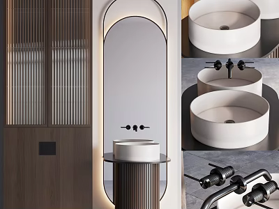 Minimalist Modern Bathroom Vanity Design With Arched Mirror Wooden Panels And Black Faucet 3d model