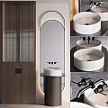 Minimalist Modern Bathroom Vanity Design With Arched Mirror Wooden Panels And Black Faucet