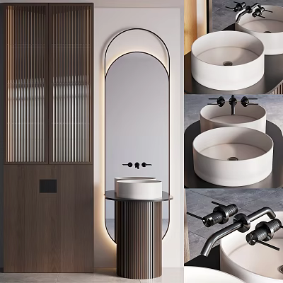 Minimalist Modern Bathroom Vanity Design With Arched Mirror Wooden Panels And Black Faucet 3d model