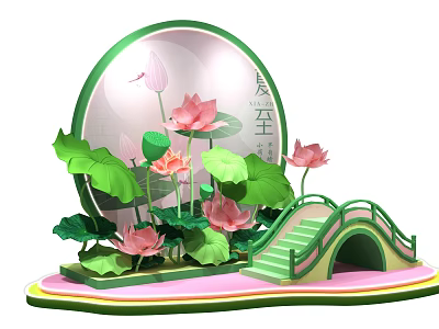 Summer Solstice Themed Photo Spot With Lotus Flowers Leaves And Small Bridge 3d model
