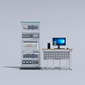 Industrial Equipment Including Control Cabinet With Buttons Meters And Computer On Table