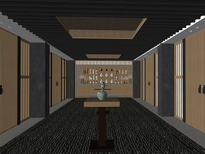 Cultural Center Interior Corridor Featuring Wooden Walls Stone Pillars Carpet And Central Table With Vase 3d model