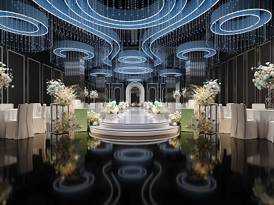 Luxurious Banquet Hall With Circular Crystal Chandeliers White Stage Floral Decor And Glossy Reflective Floor 3d model