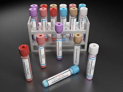 Laboratory Test Tubes With Various Colored Caps In White Rack And Scattered 3d model