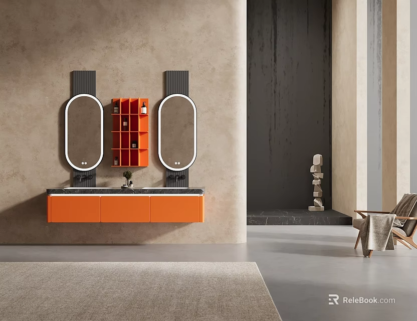 Elegant Modern Bathroom Cabinet With Orange Double Mirrors And Open Shelves 3d model 