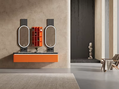 Elegant Modern Bathroom Cabinet With Orange Double Mirrors And Open Shelves 3d model