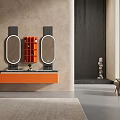 Elegant Modern Bathroom Cabinet With Orange Double Mirrors And Open Shelves