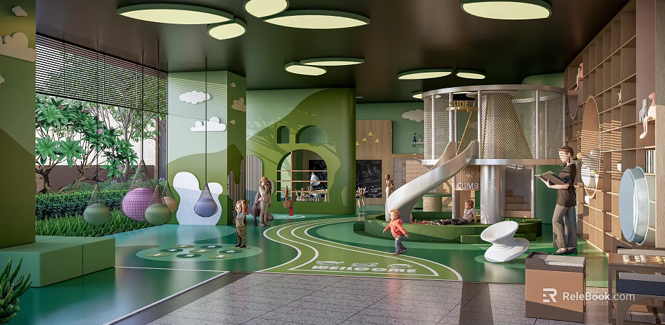 Residential Building Featuring Indoor Children's Play Area Green Design Slide Climbing Net And Kids Playing 3d model 