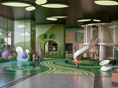 Residential Building Featuring Indoor Children's Play Area Green Design Slide Climbing Net And Kids Playing 3d model