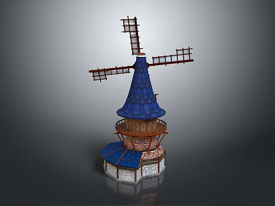 Cartoon Style Windmill Building With Blue Roof Wooden Blades And Stone Base 3d model