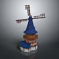 Cartoon Style Windmill Building With Blue Roof Wooden Blades And Stone Base
