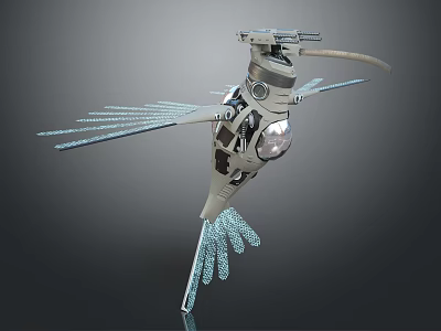 Futuristic Mechanical Bird Character With Detailed Metal Wings And Head Light Design 3d model