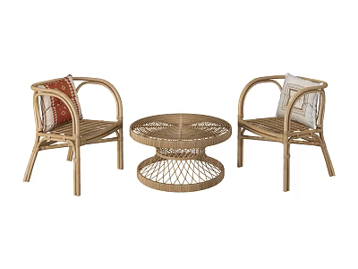 Stylish Rattan Leisure Chairs with Comfortable Cushions and Round Coffee Table Set 3d model