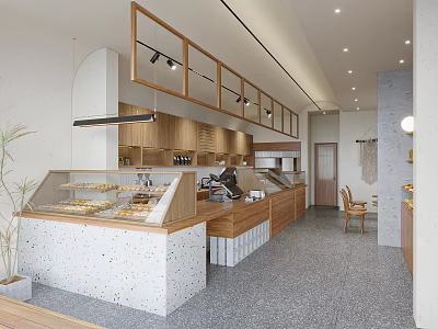 Modern Dessert Shop Interior With Glass Display Cases Wooden Counter And Fresh Desserts 3d model