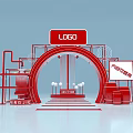Red Exhibition Booth Structure With Arch Design LOGO Signboard And Steps 3d model