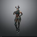 Futuristic Female Character With Horned Headdress Mechanical Armor Green Black 3D Rendering