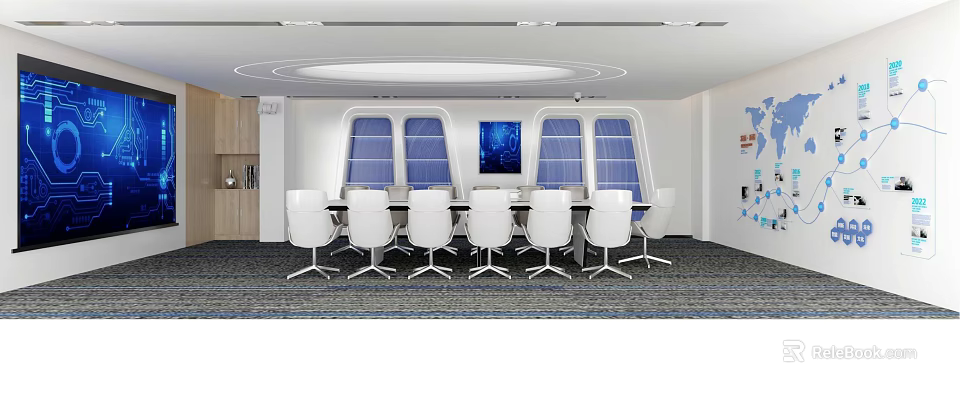 Modern Conference Room Interior With White Chairs Large Table Blue Windows And Ceiling Lighting 3d model 