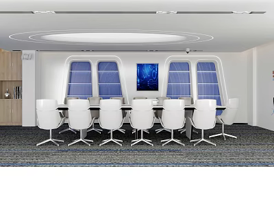 Modern Conference Room Interior With White Chairs Large Table Blue Windows And Ceiling Lighting 3d model