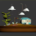 Blue Camper Van With Green Tree Red And White Checkered Picnic Mat And Cloud Decorations