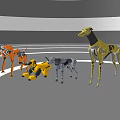 Various Robotic Dogs With Red Orange Black Gold Designs On Gray Floor White Circular Lines