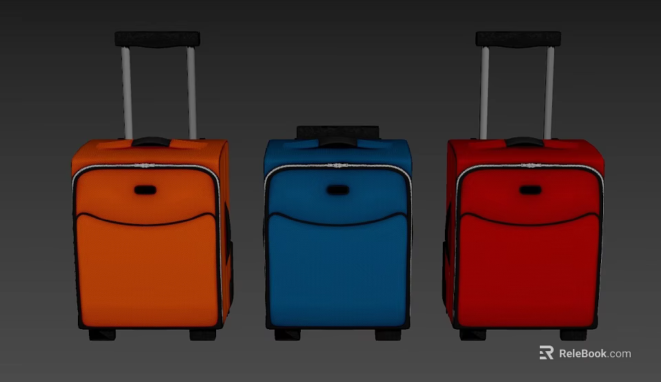 Three Colored Suitcases with Telescopic Handle and Wheels in Orange Blue Red 3d model 