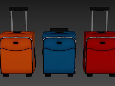 Three Colored Suitcases with Telescopic Handle and Wheels in Orange Blue Red 3d model