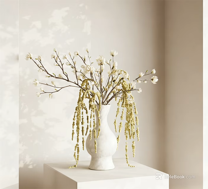 White Ceramic Vase With White Flower Branches And Golden Tassels On White Table 3d model 