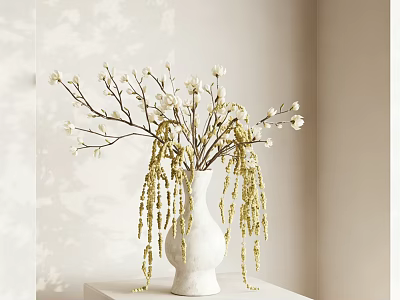 White Ceramic Vase With White Flower Branches And Golden Tassels On White Table 3d model