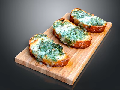 Crispy Garlic Toast Topped with Fresh Spinach and Melted Cheese on Wooden Board 3d model