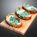 Crispy Garlic Toast Topped with Fresh Spinach and Melted Cheese on Wooden Board