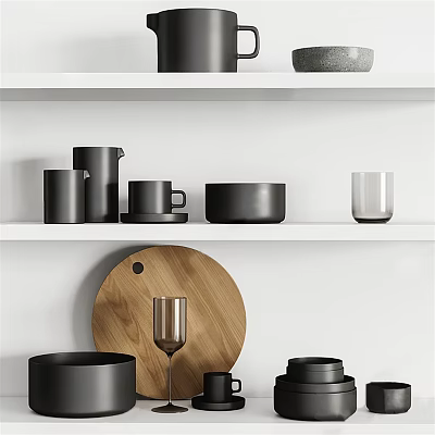 Black Kitchenware Display On White Shelves With Mugs Bowls And Wooden Cutting Board 3d model
