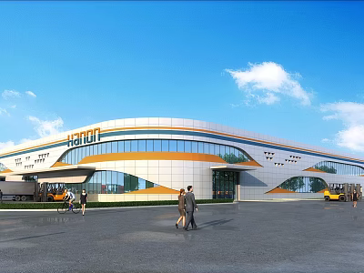 Modern Industrial Factory Building Exterior With Glass Curtain Wall Harui Logo And Pedestrians 3d model