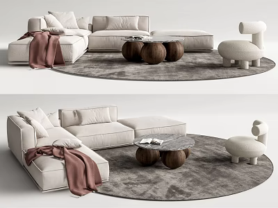 Modern Light Sofa And Coffee Table Set With Plush Cushions Accent Chair And Gray Rug 3d model