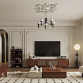 Elegant Living And Dining Room Interior With Black Sofa Coffee Table Decorative Paintings And Chandelier