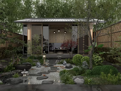 Tranquil Japanese Courtyard Garden With Stone Path Stone Lanterns Bamboo Fence And Lush Greenery 3d model